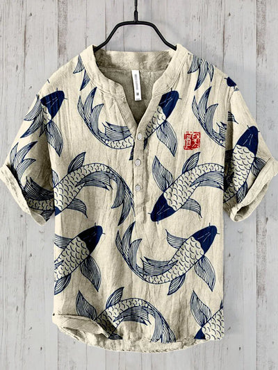 Chemise en lin avec motif poisson - Style artistique et élégant - Projet Paris - Design unique qui allie confort et style artistique - Tissu en lin léger et coupe classique