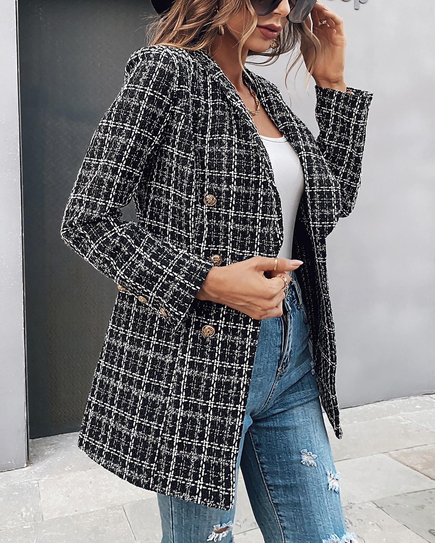 Blazer en tweed à double boutonnage à encolure crantée