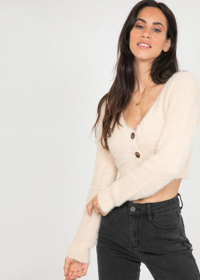 Cardigan court duveteux beige