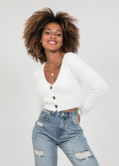 Cardigan court duveteux blanc