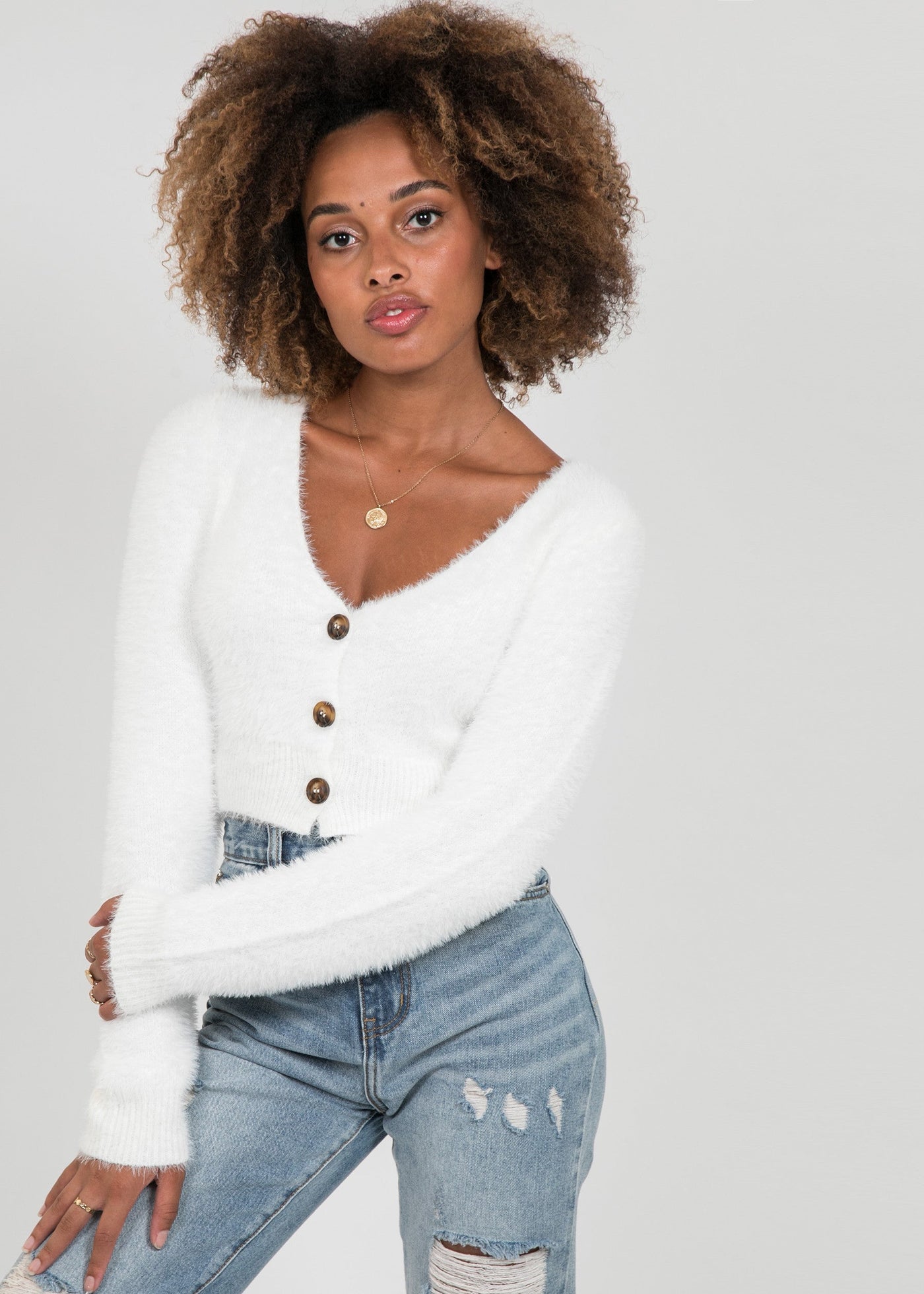 Cardigan court duveteux blanc