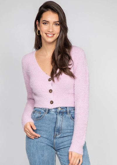 Cardigan court duveteux lilas