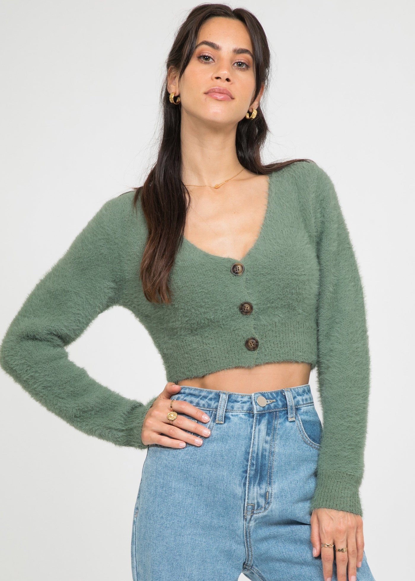 Cardigan court duveteux vert