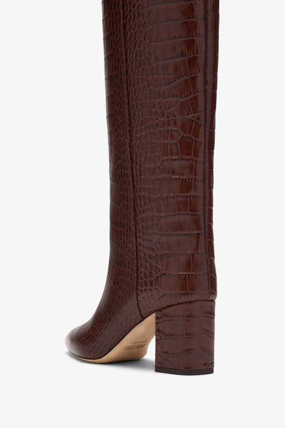 Chocolate brown croc-effect leather heel 70 boots