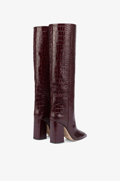 Knee-high boots in rouge noir soft croco-embossed leather