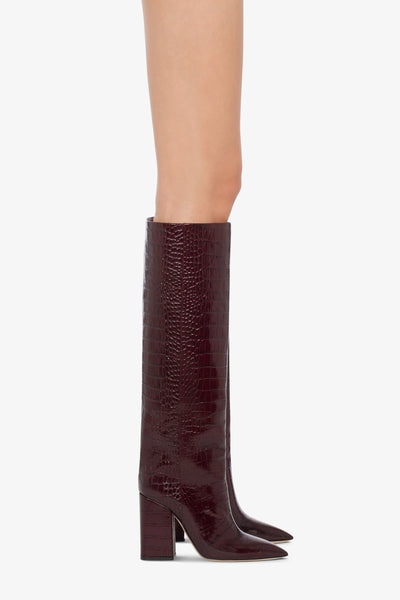 Knee-high boots in rouge noir soft croco-embossed leather