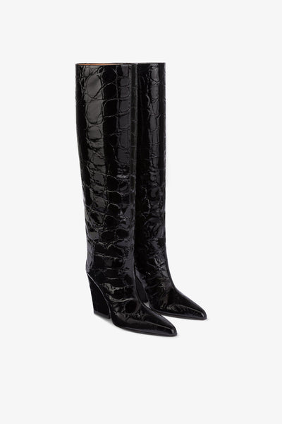 Knee-high boots in black patent soft croco-embossed leather