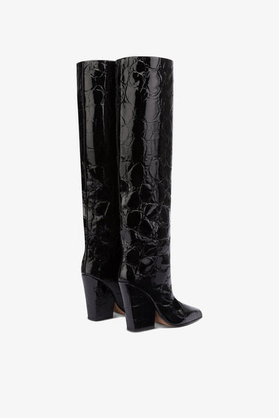 Knee-high boots in black patent soft croco-embossed leather