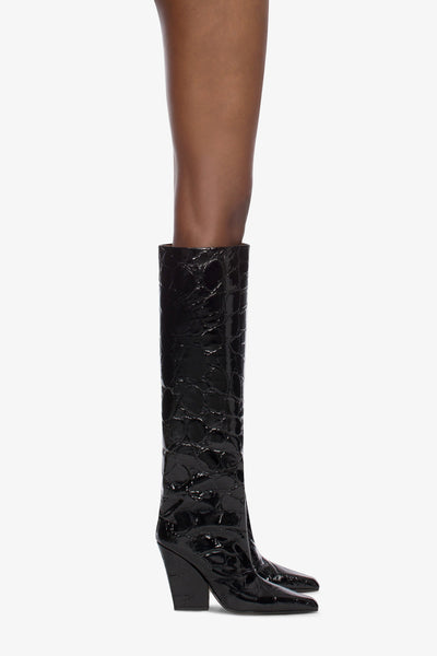 Knee-high boots in black patent soft croco-embossed leather