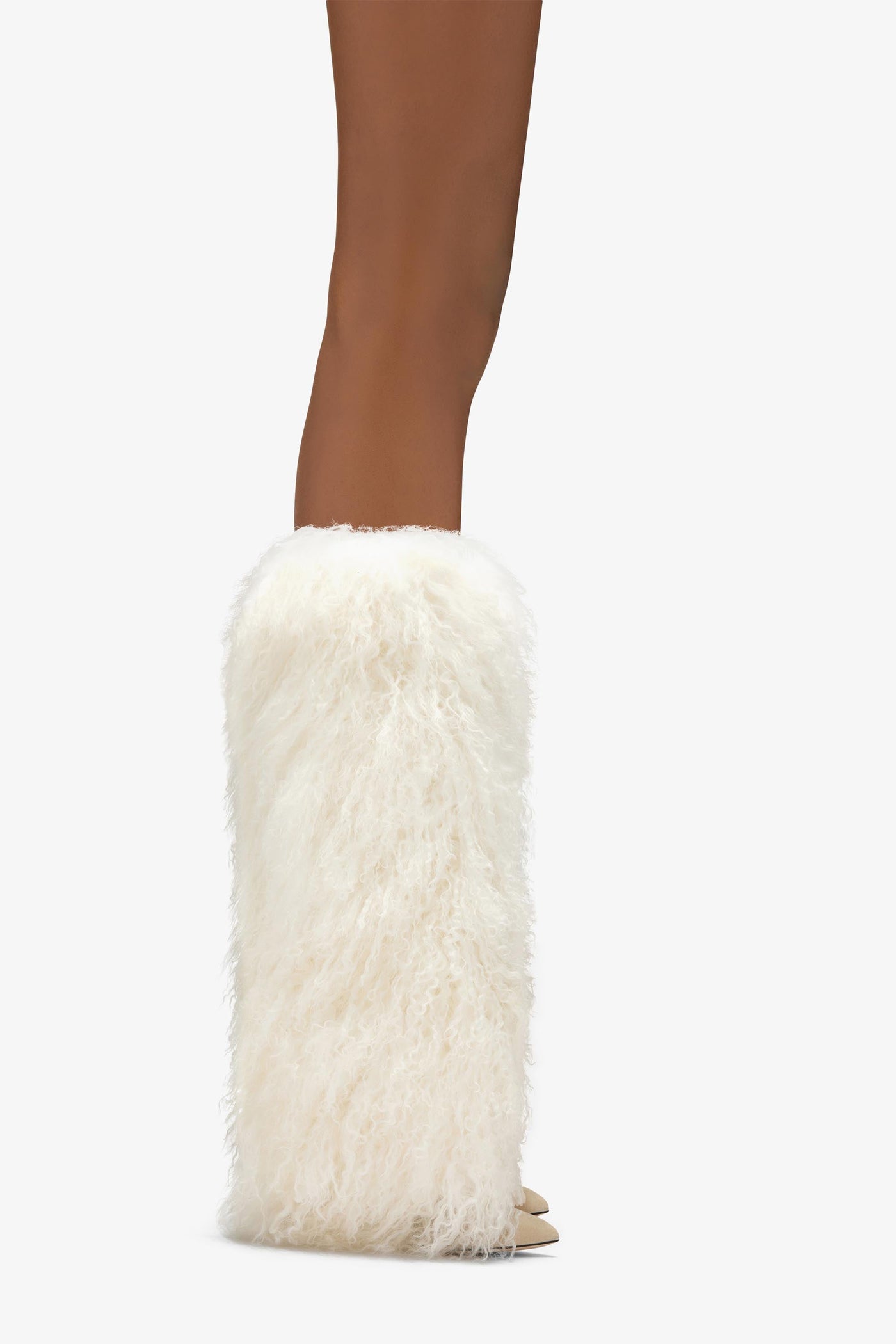 White mongolian fur stiletto boots