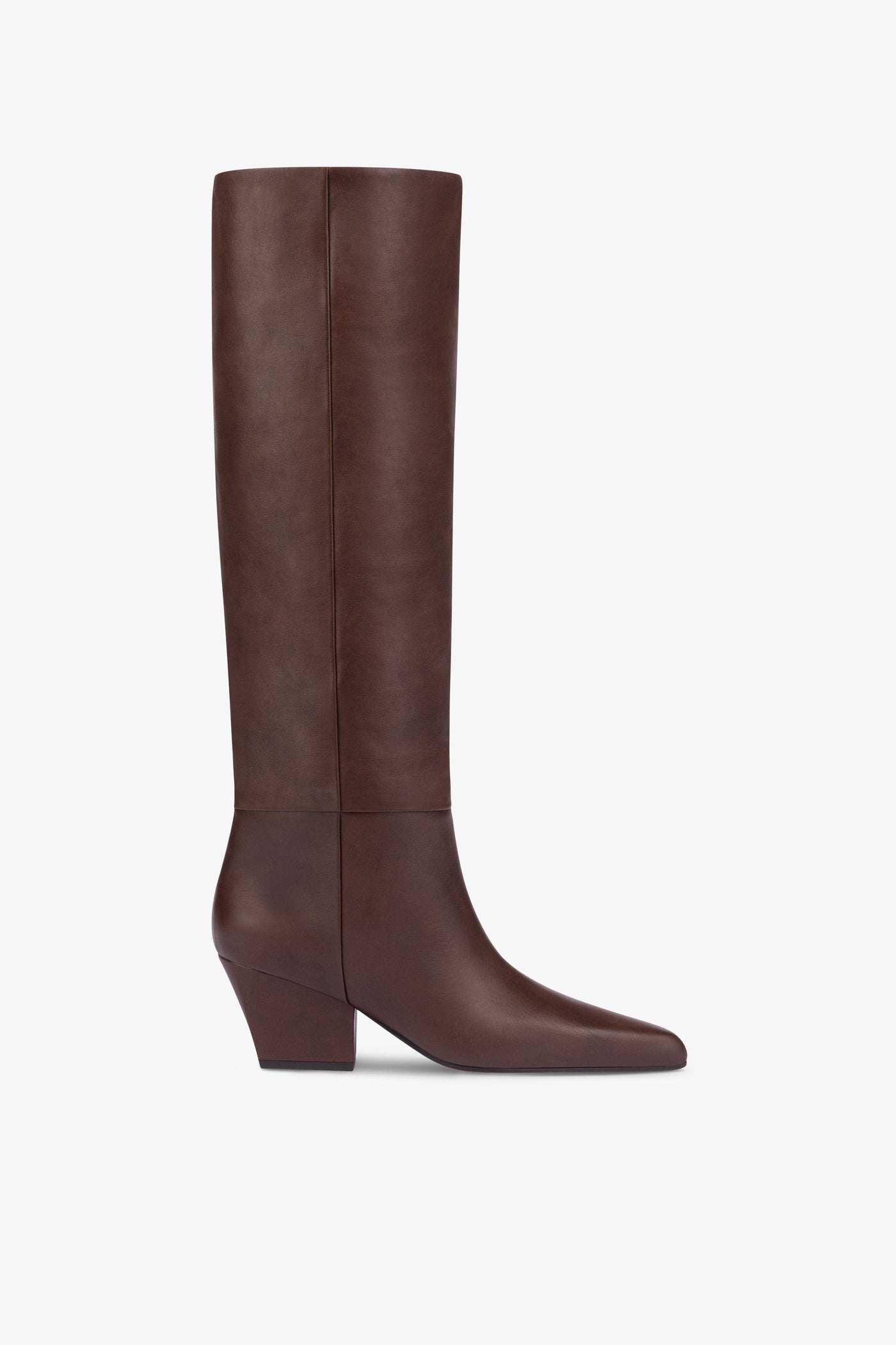 Knee-high, long pointed boot in supple mocha leather