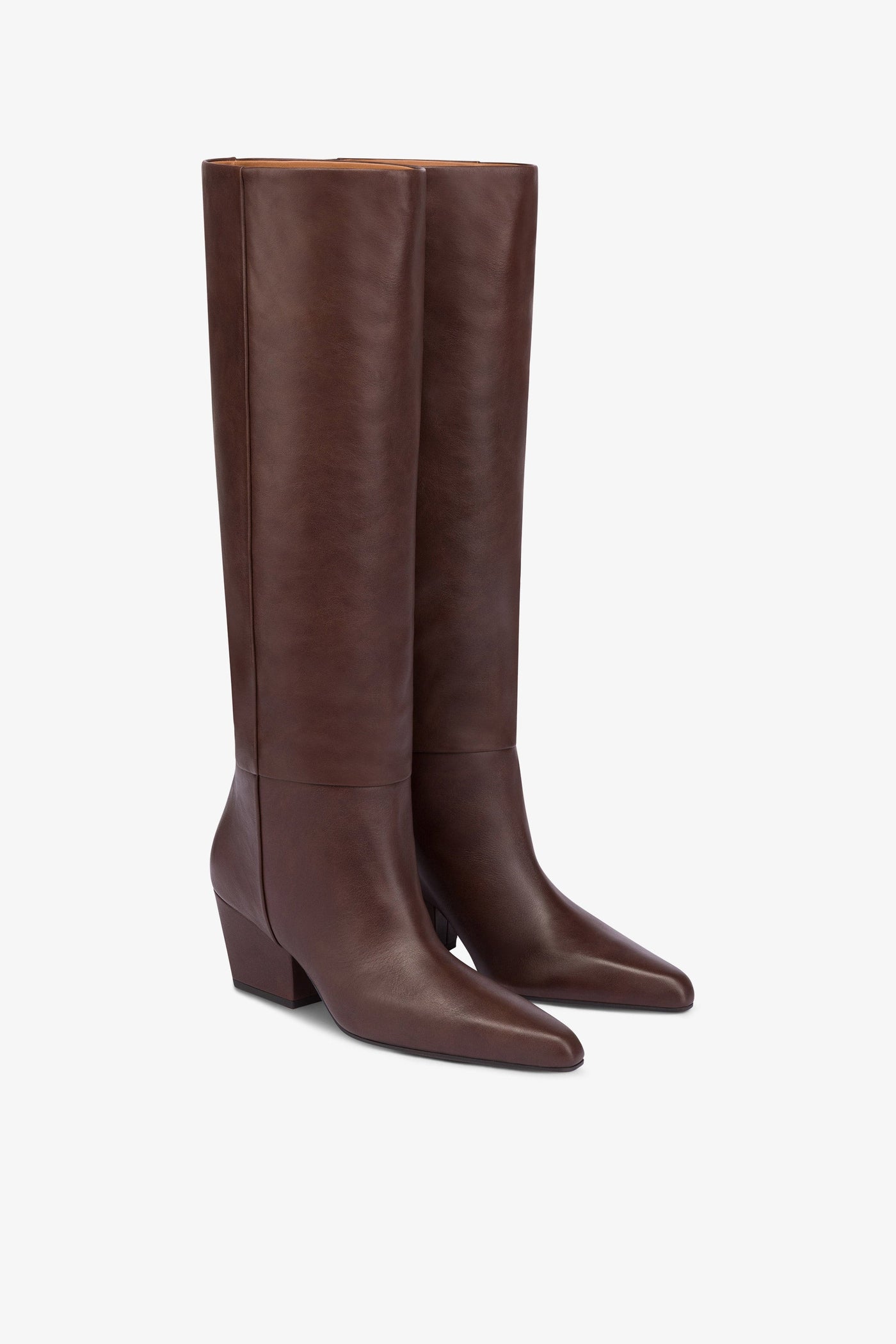 Knee-high, long pointed boot in supple mocha leather