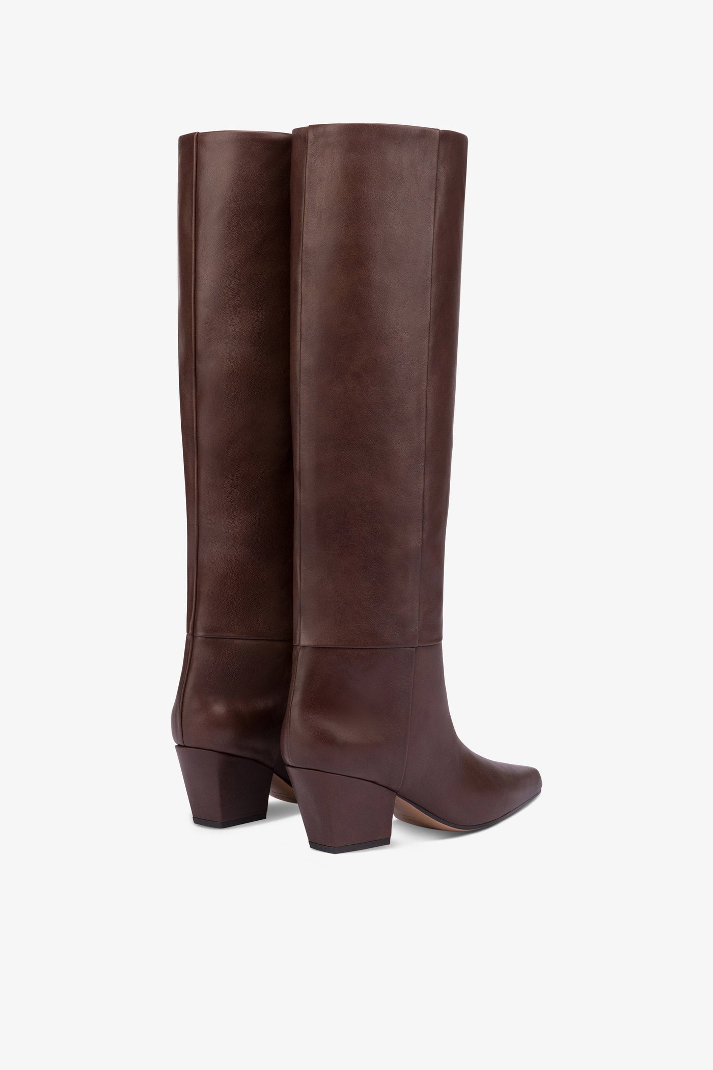 Knee-high, long pointed boot in supple mocha leather