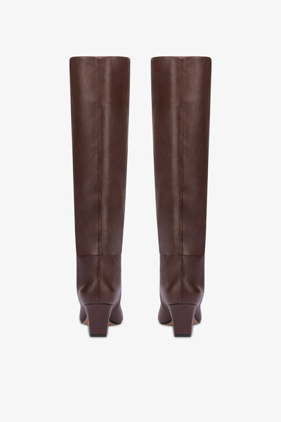 Knee-high, long pointed boot in supple mocha leather