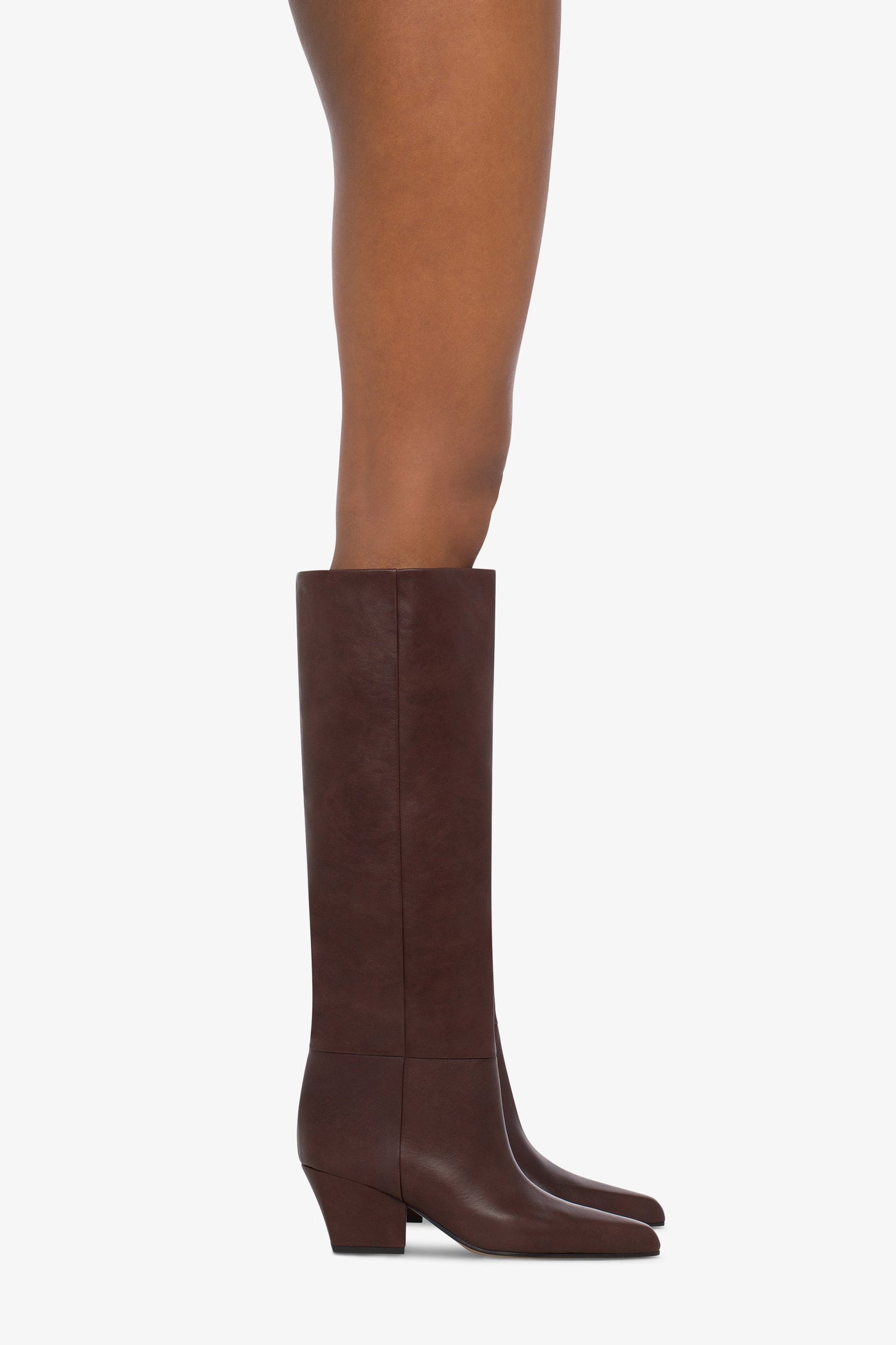 Knee-high, long pointed boot in supple mocha leather