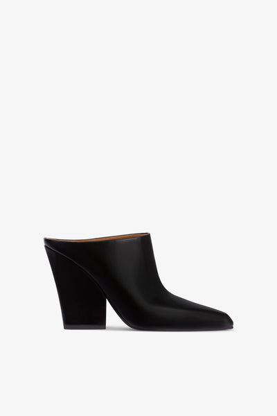 Long, pointed mule boots in soft black brushed leather