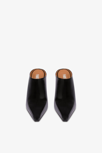 Long, pointed mule boots in soft black brushed leather