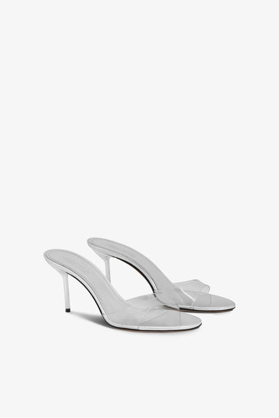 Almond-toe mules in supple silver PVC-mirror leather