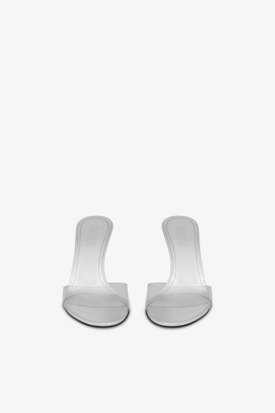 Almond-toe mules in supple silver PVC-mirror leather