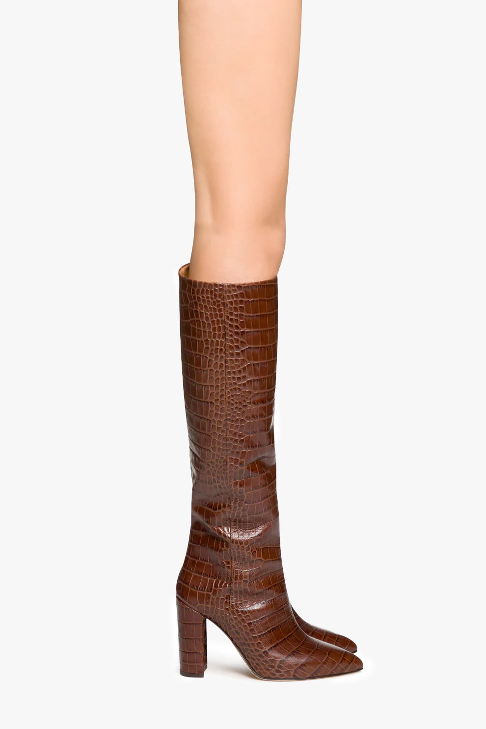 Chocolate brown croc-effect leather boots