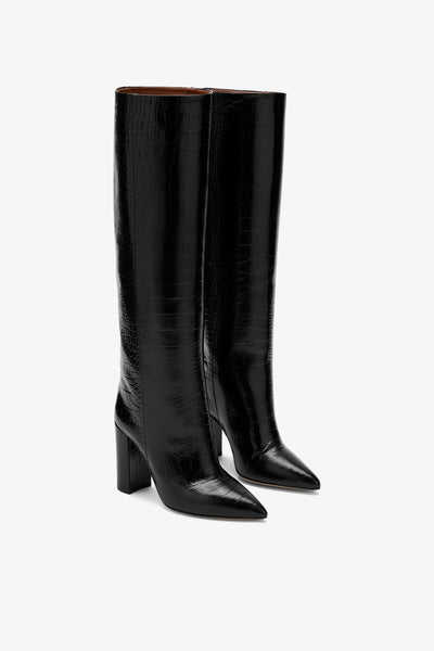 Black croc-effect leather boots