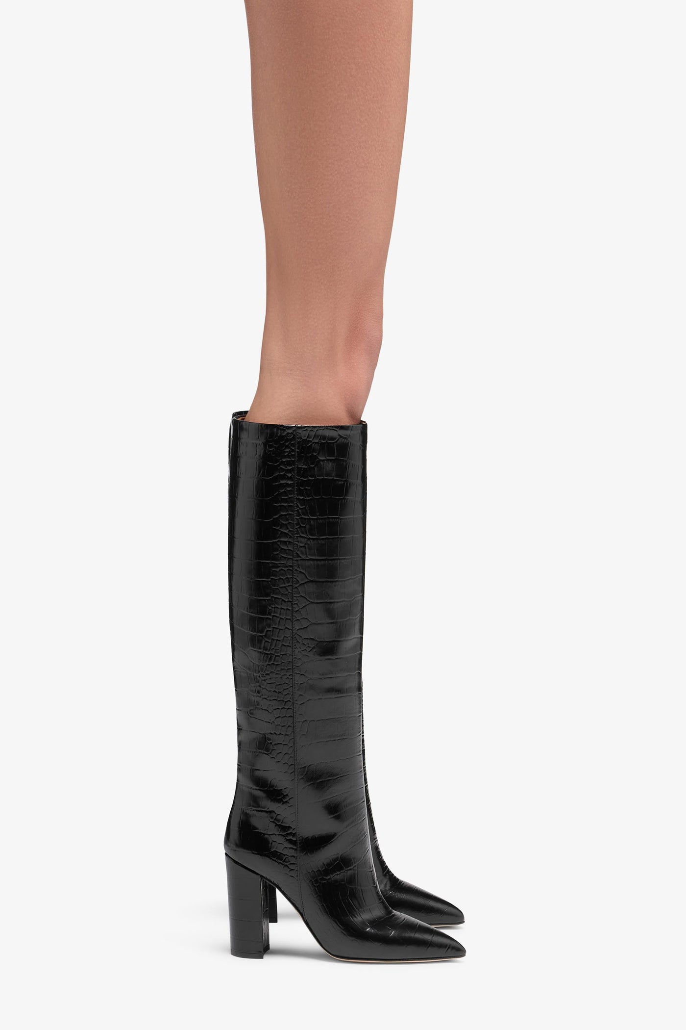 Black croc-effect leather boots