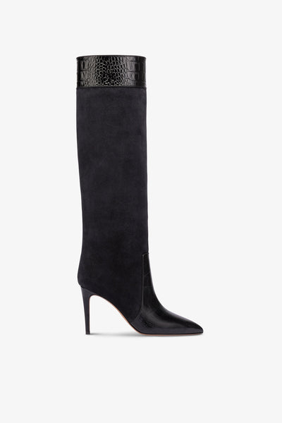 Long, pointed boots in black and off-black croco-embossed and suede