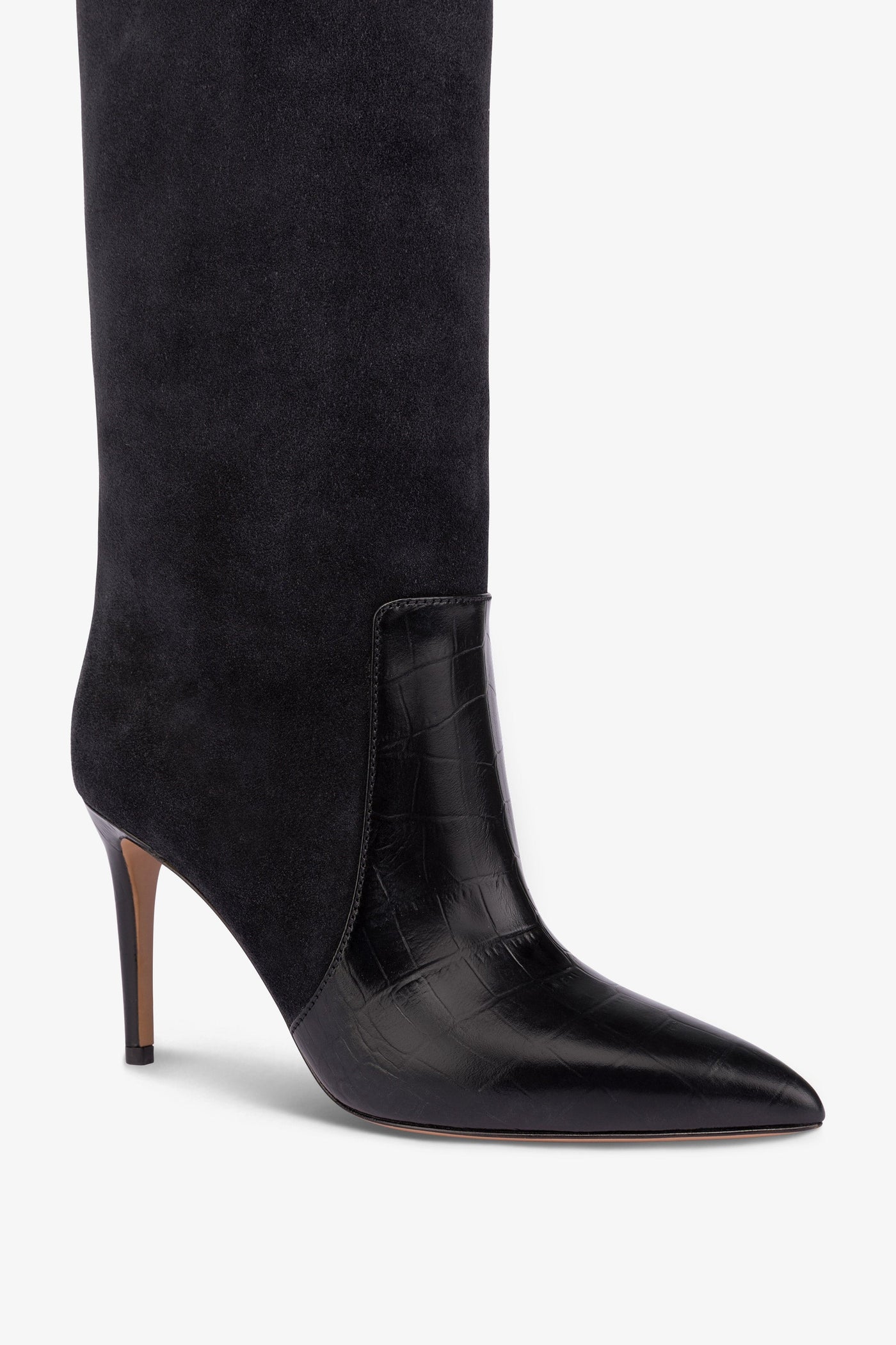 Long, pointed boots in black and off-black croco-embossed and suede