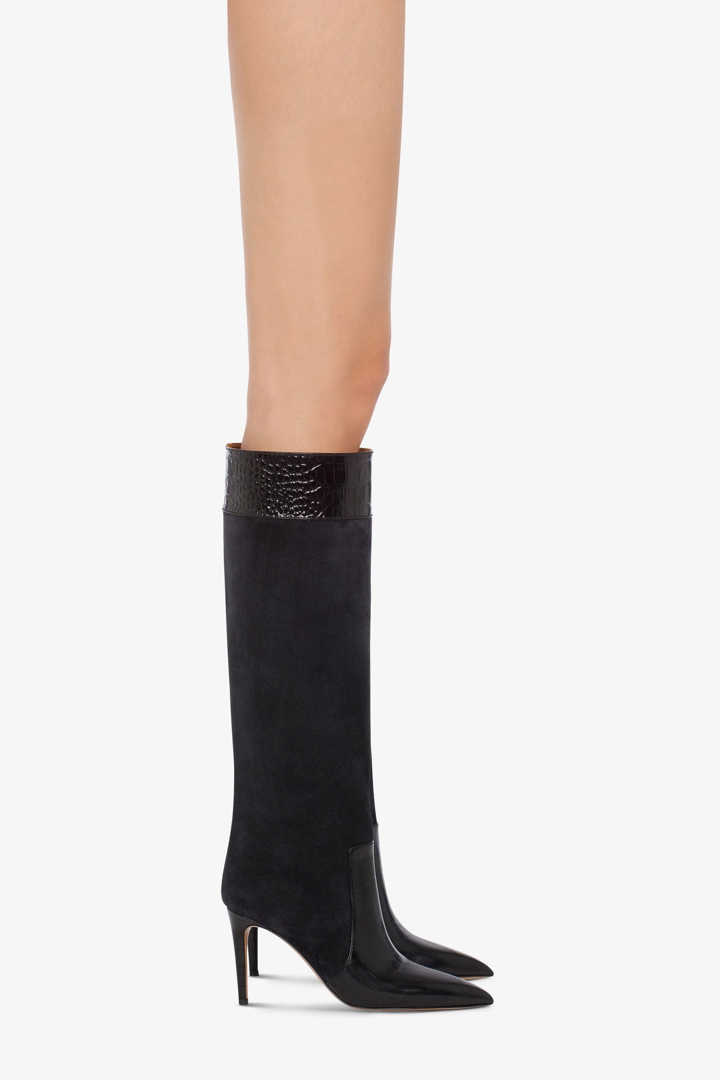 Long, pointed boots in black and off-black croco-embossed and suede