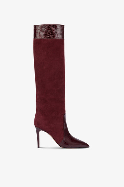 Long, pointed boots in rouge noir and Kenya croco-embossed and suede