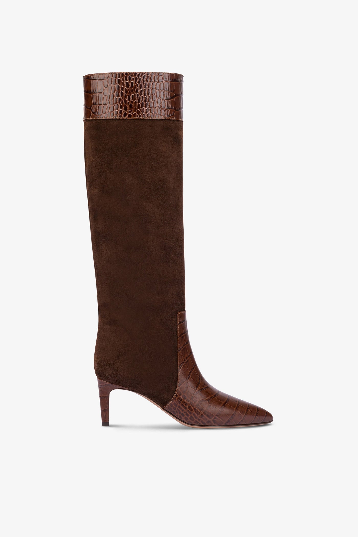 Long, pointed boots in chocolate and pepper croco-embossed and suede