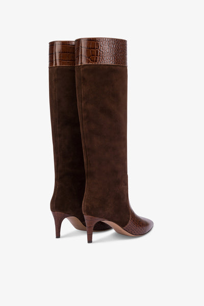 Long, pointed boots in chocolate and pepper croco-embossed and suede