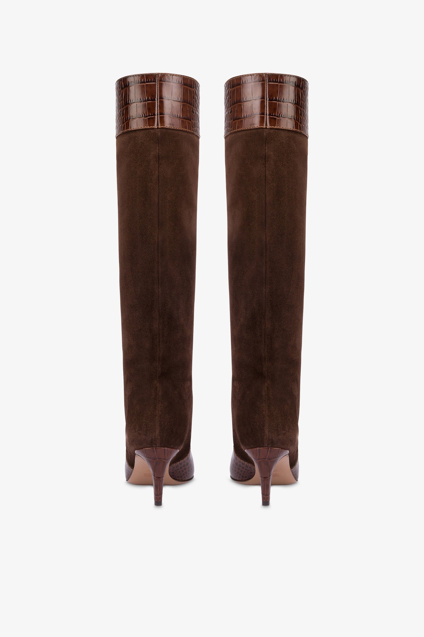 Long, pointed boots in chocolate and pepper croco-embossed and suede