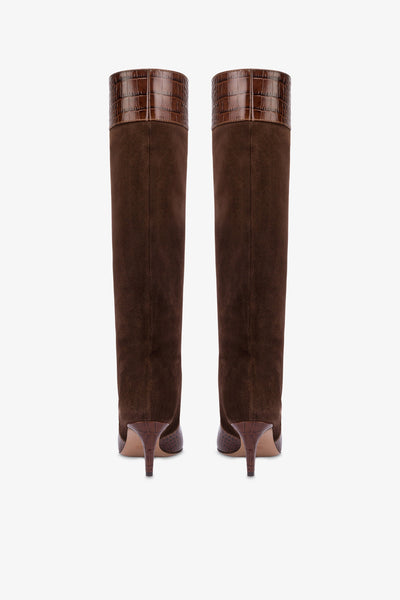 Long, pointed boots in chocolate and pepper croco-embossed and suede