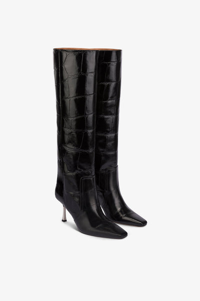 Long, pointed boots in black maxi soft croco-embossed leather