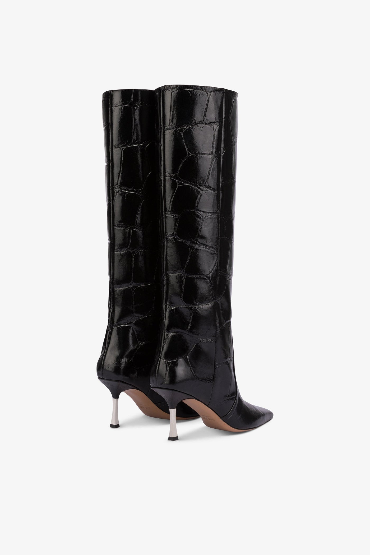 Long, pointed boots in black maxi soft croco-embossed leather