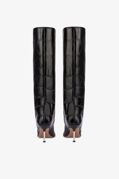 Long, pointed boots in black maxi soft croco-embossed leather