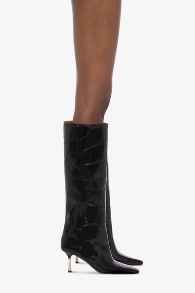 Long, pointed boots in black maxi soft croco-embossed leather