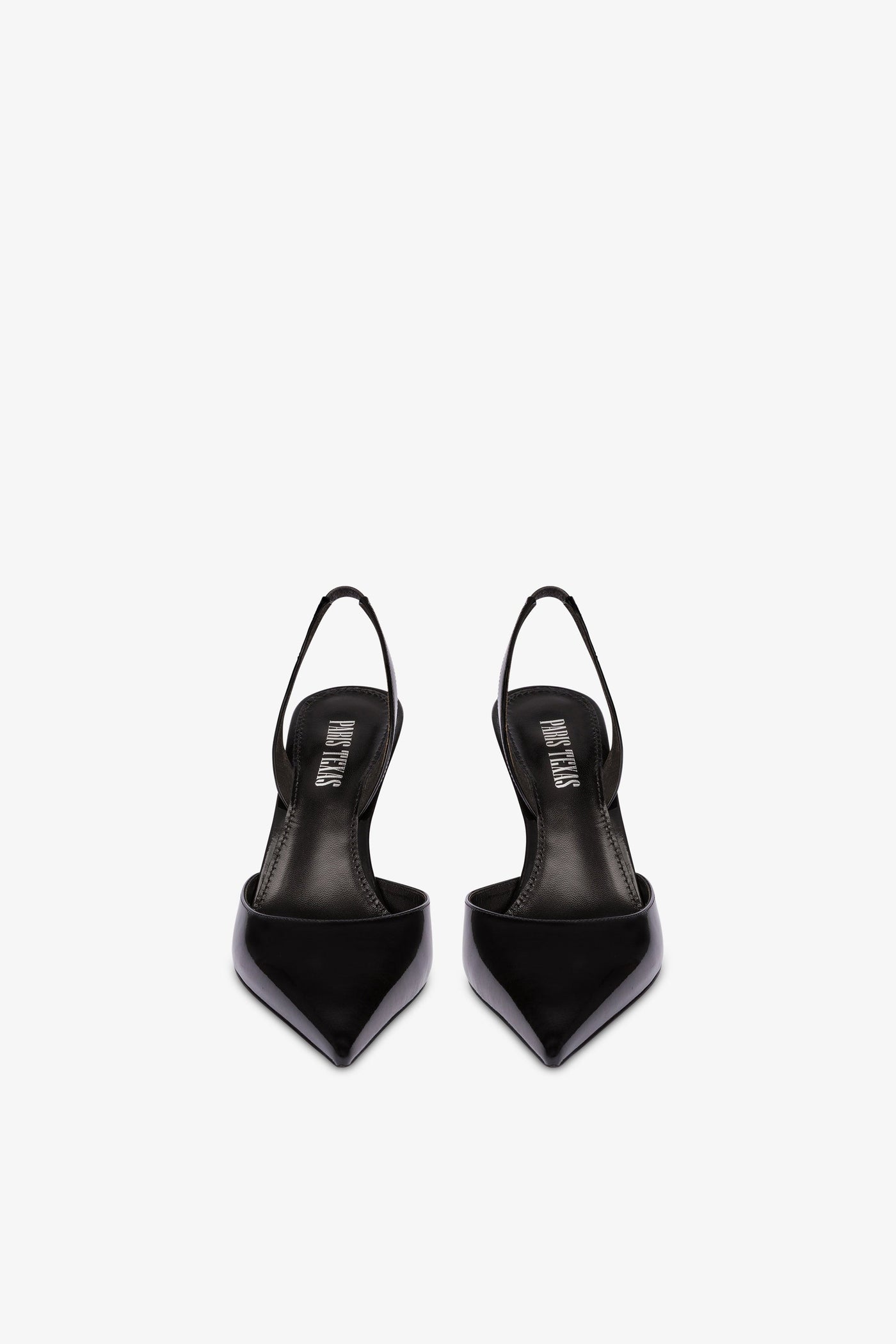 Long, pointed slingbacks in patent black leather