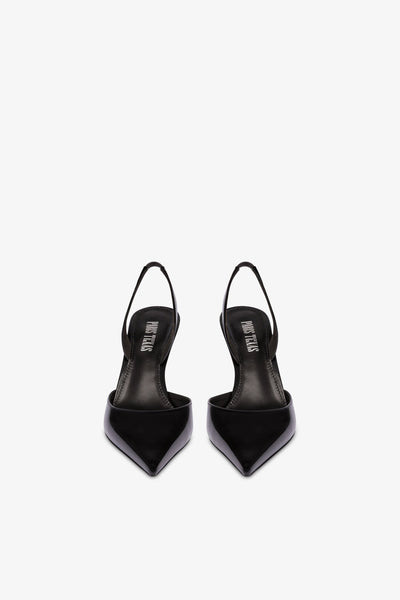 Long, pointed slingbacks in patent black leather