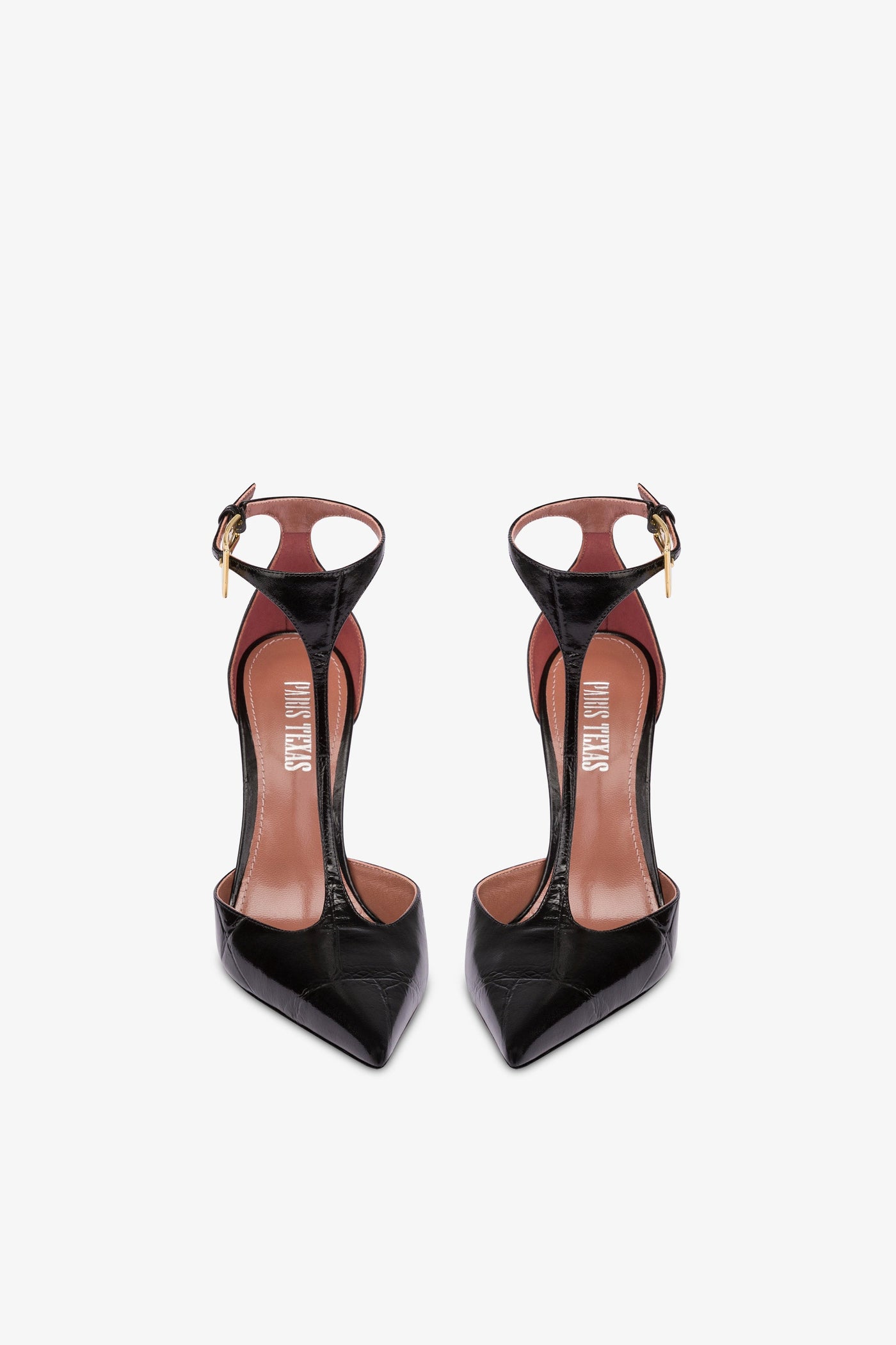 Sharp, pointed T-strap pumps in black soft croco-embossed leather