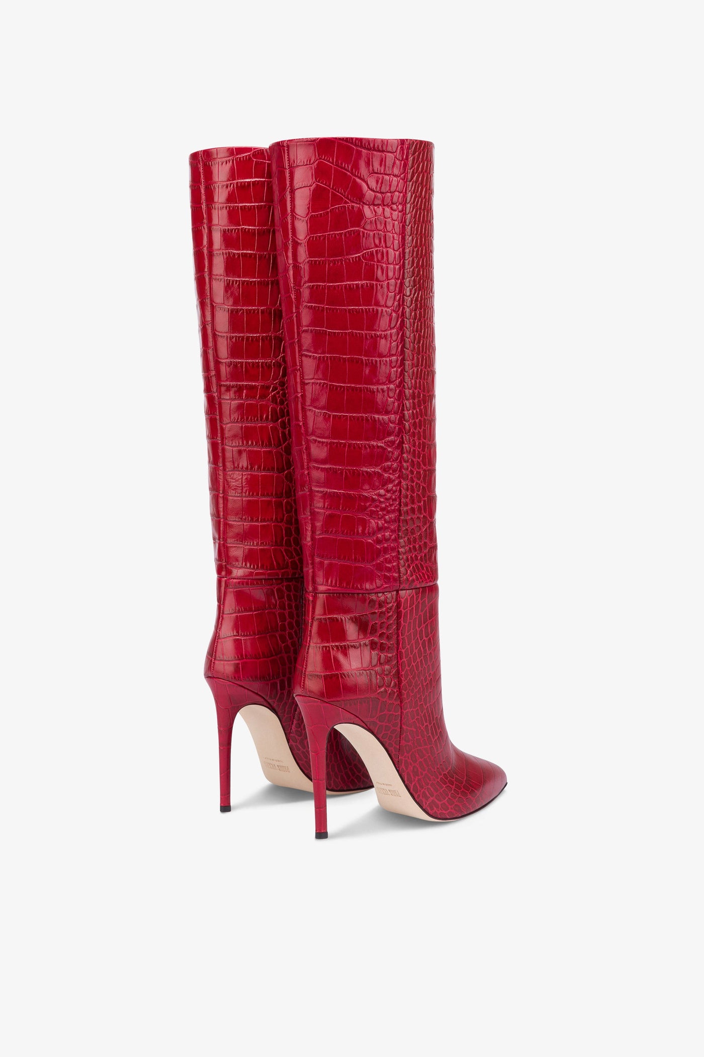 Pointed knee-high boots in red soft croco-embossed leather