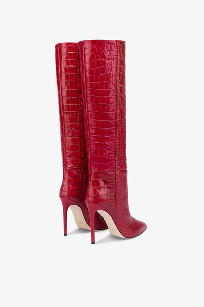 Pointed knee-high boots in red soft croco-embossed leather