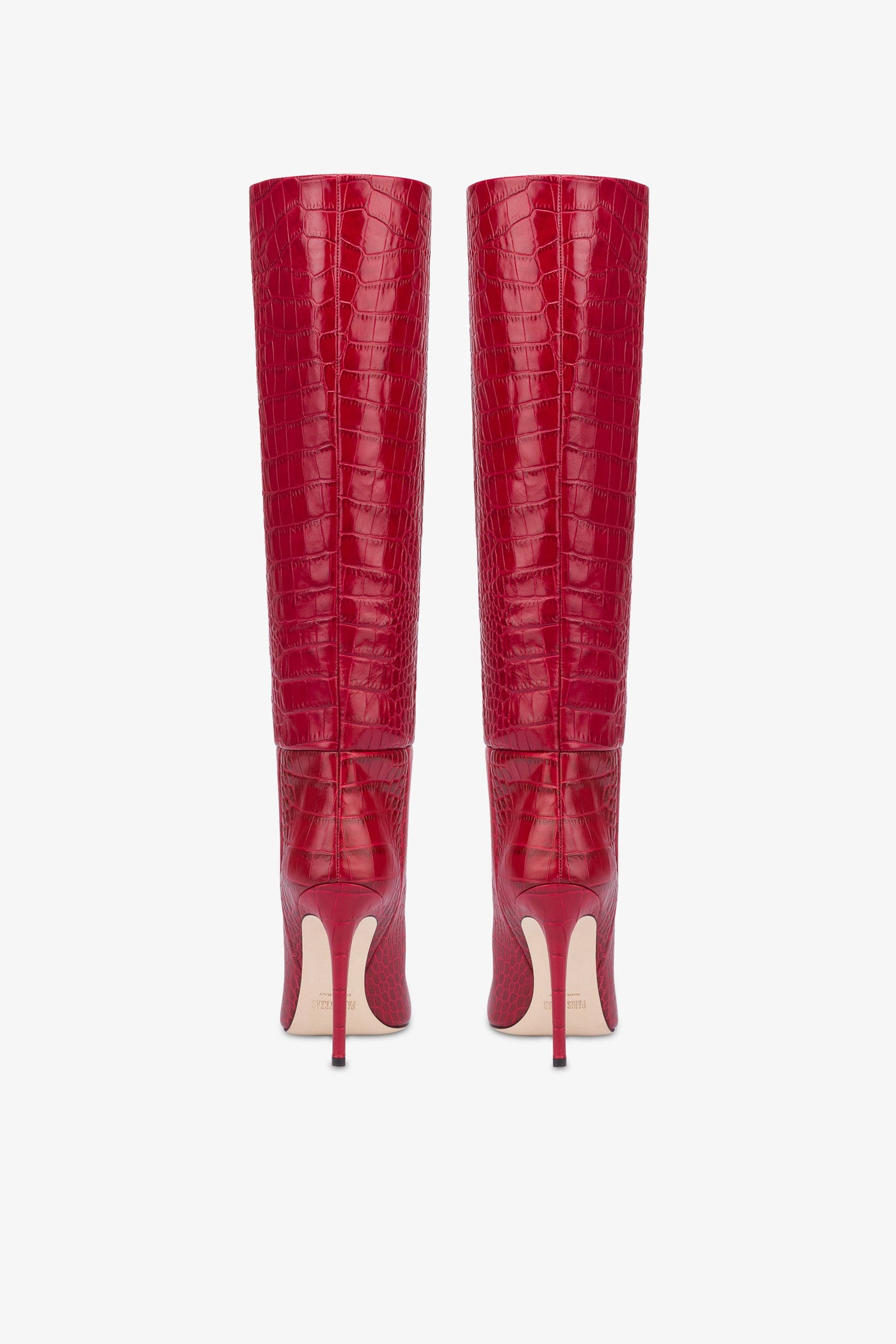 Pointed knee-high boots in red soft croco-embossed leather