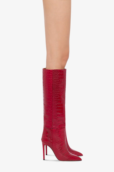 Pointed knee-high boots in red soft croco-embossed leather