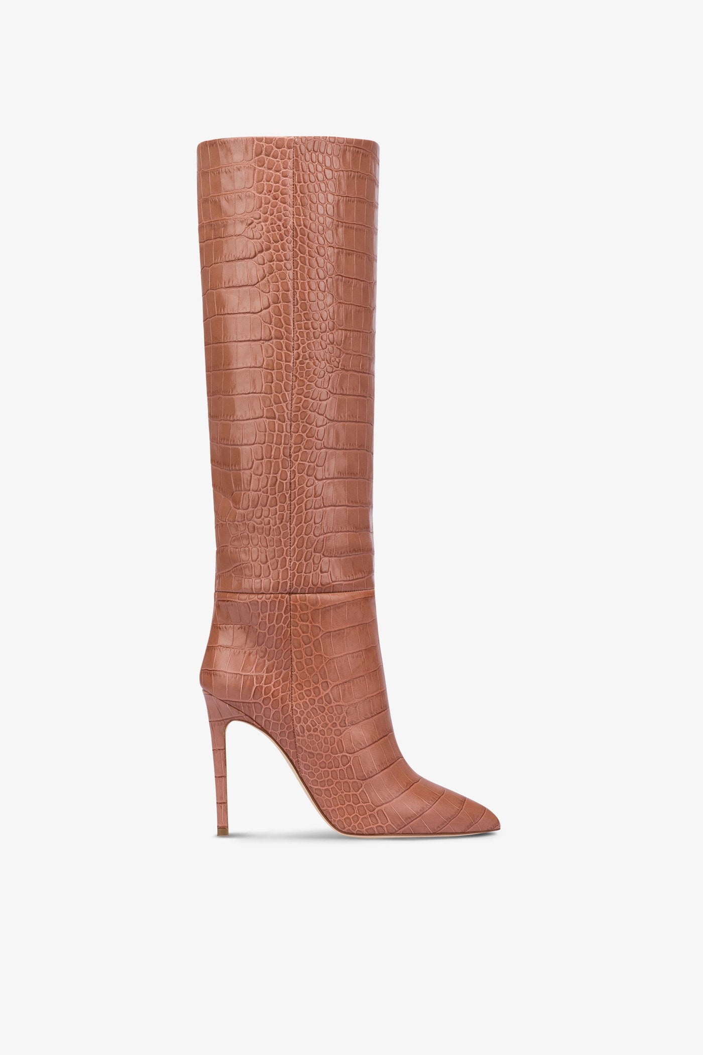 Pointed knee-high boots in Texas pink soft croco-embossed leather