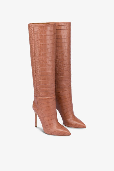 Pointed knee-high boots in Texas pink soft croco-embossed leather