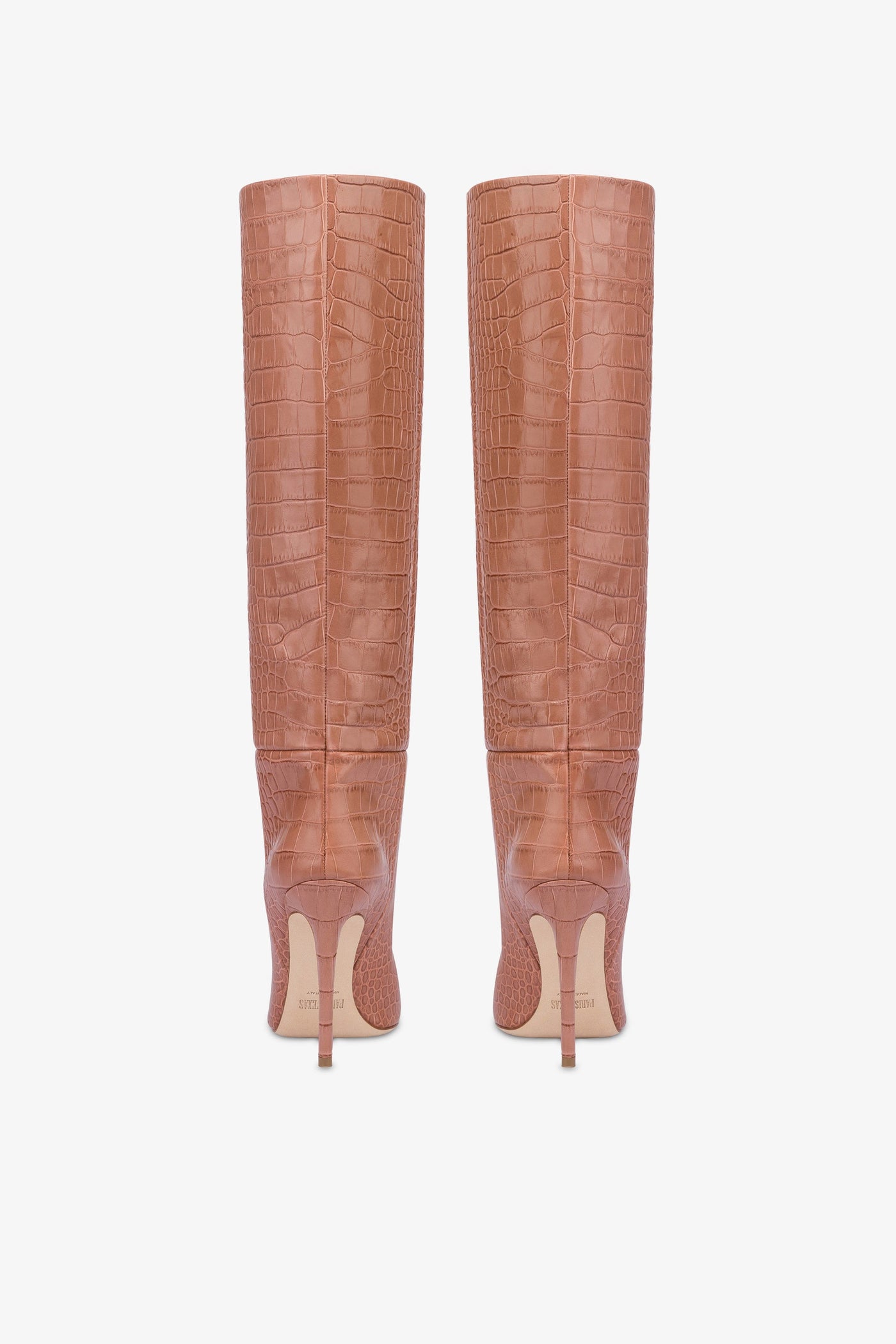 Pointed knee-high boots in Texas pink soft croco-embossed leather