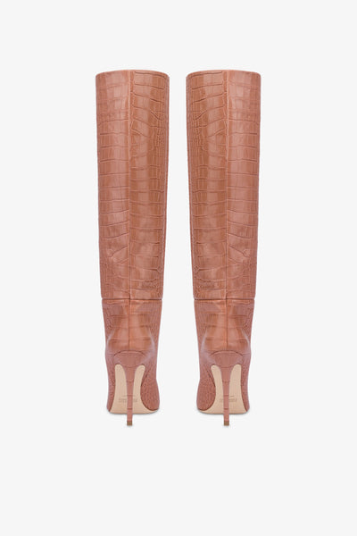 Pointed knee-high boots in Texas pink soft croco-embossed leather