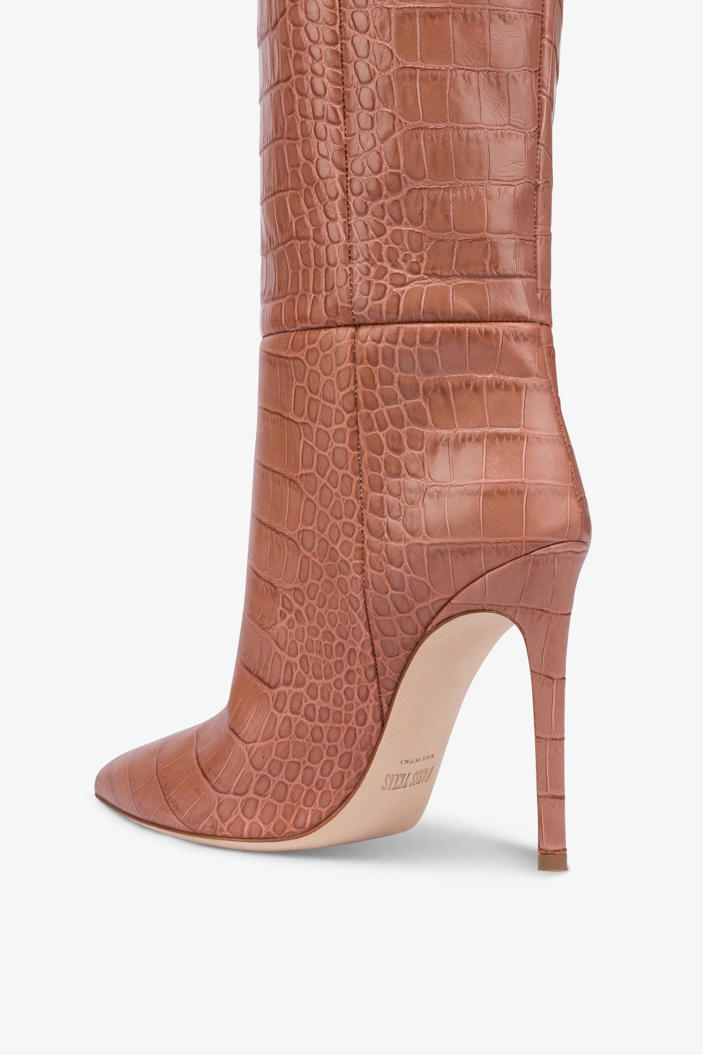 Pointed knee-high boots in Texas pink soft croco-embossed leather